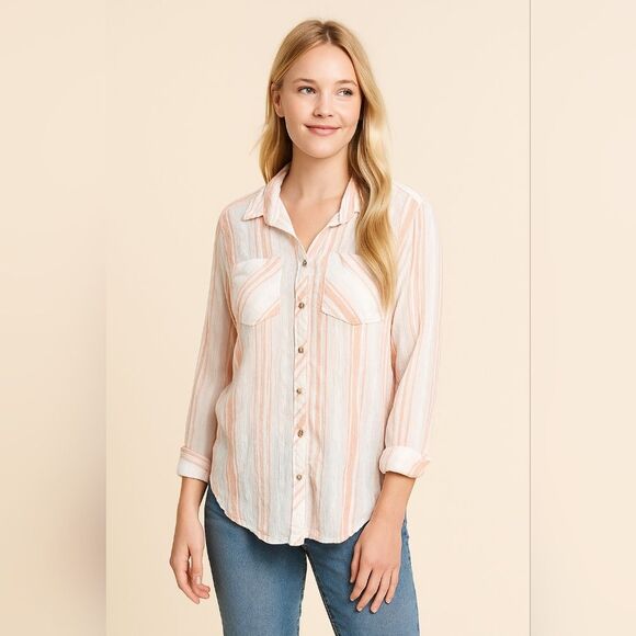 Forever 21 Tops - Forever 21 Striped Crinkle Button Down Shirt S Pink White L/S Lightweight Gauze